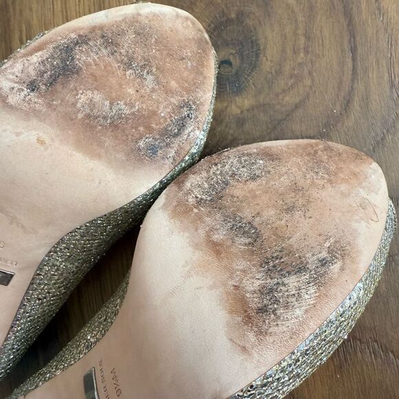 Badgley Mischka Humbie II Glitter Peep Toe Heel Gold Silver 9.5 - Picture 11 of 11